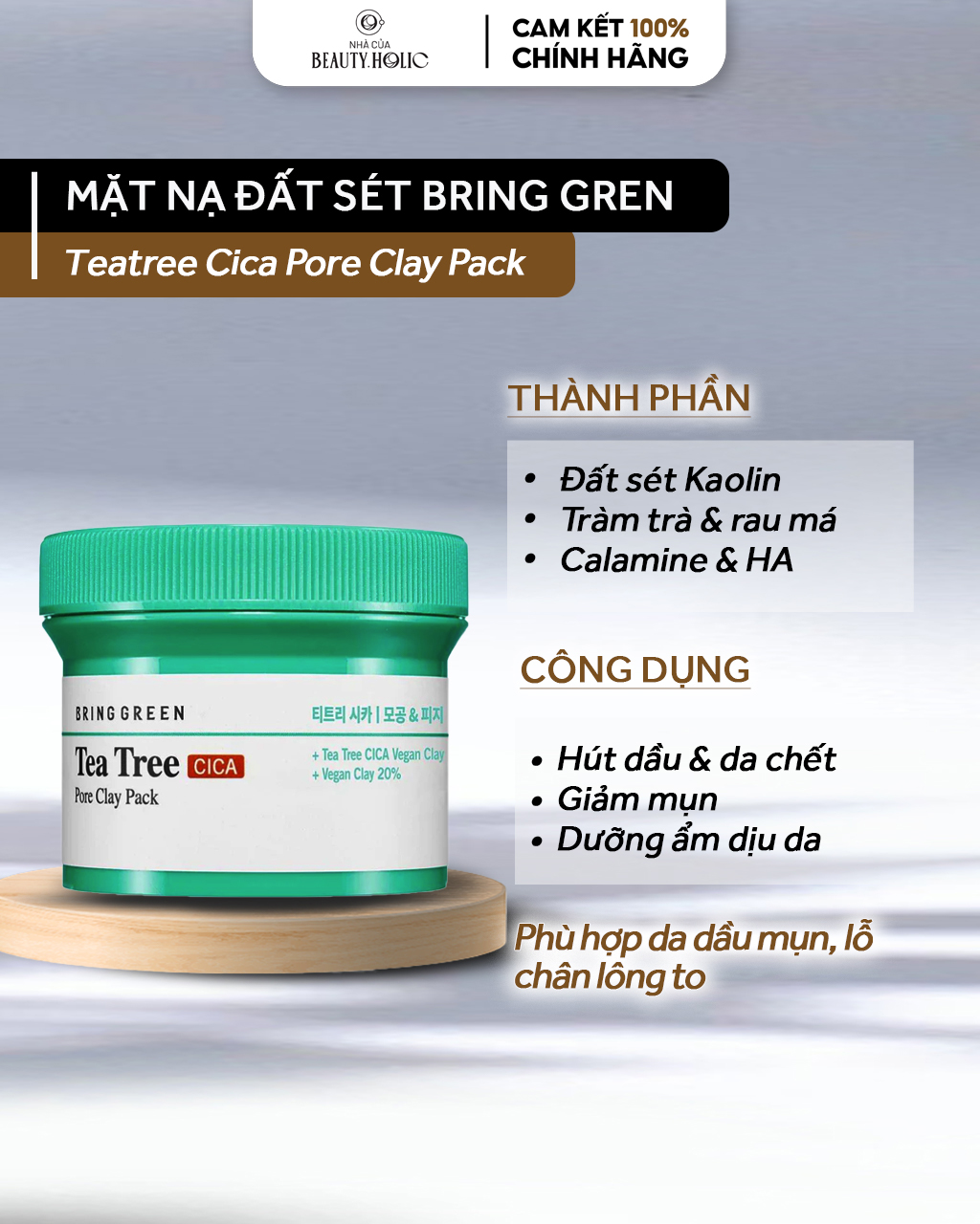 [Nhacuabeautyholic] Mặt nạ đất sét thuần chay BRING GREEN TEA TREE CICA PORE CLAY PACK