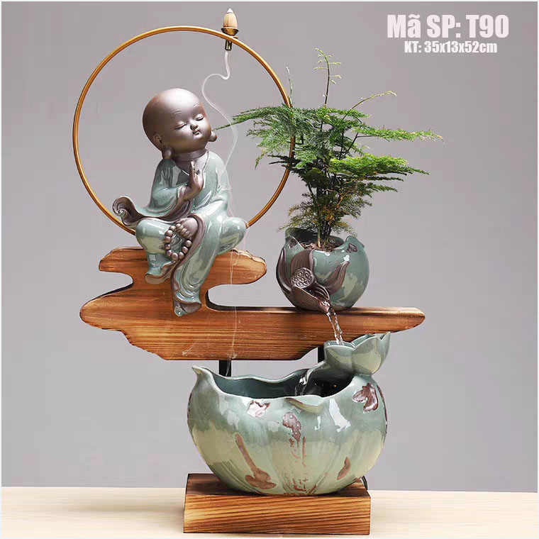 Bộ Tiểu Cảnh Decor Chú Tiểu Bên Thác Nước T90 - Tiểu cảnh thác nước chảy tuần hoàn, tặng máy bơm mini