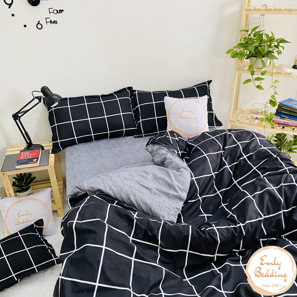 Bộ vỏ chăn kèm ga gối cotton poly nhập mẫu kẻ ô vuông đen - emly bedding