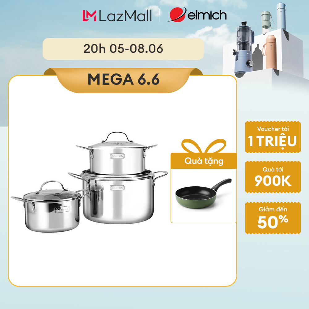 (MEGA 6.6)Bộ nồi inox 3 lớp đáy liền Elmich 2103OL size 18,20,26cm