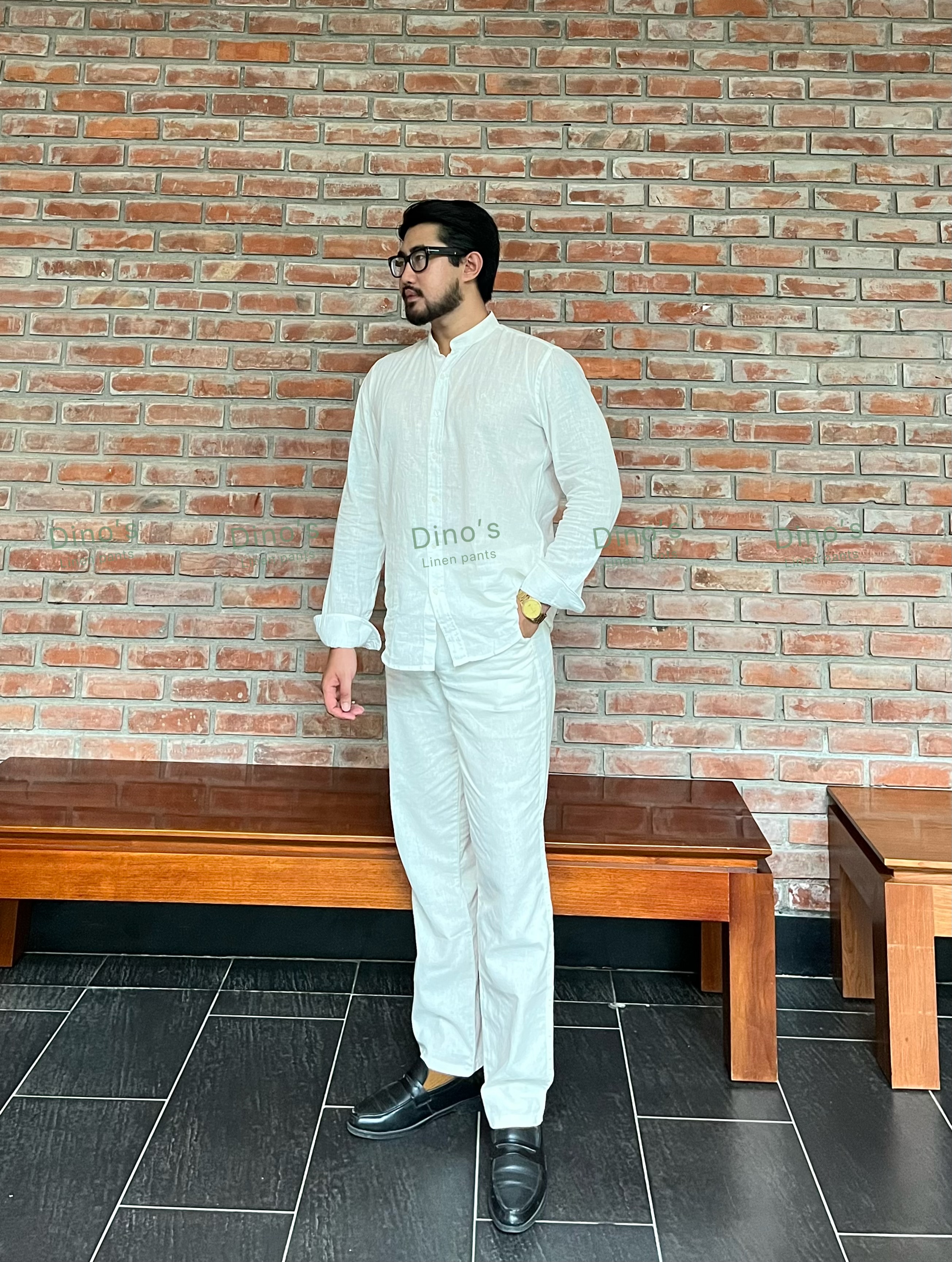 Sơ mi nam Linen cổ trụ màu trắng mỏng nhẹ thoáng mát
