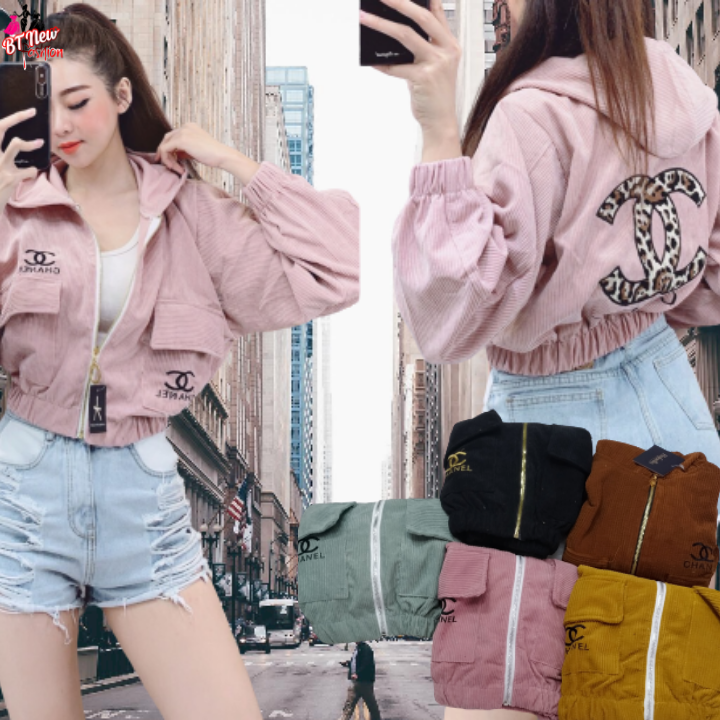 Áo Khoác Lửng Nữ Chất Nhung Gân Tăm Cao Cấp Khoá Kéo Thêu Logo SiêuThời Trang
