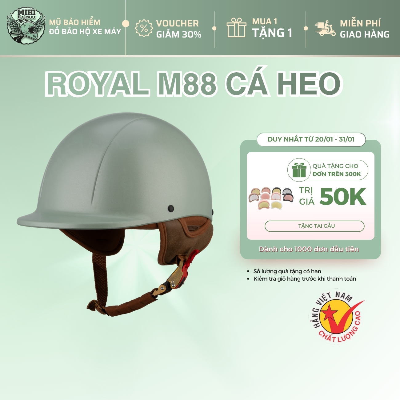 Royal M88 Mint Green Dolphin - Fashionable 1/2 Half Head Helmet, Soft Antibacterial Lining, Qc Standard Safety, Size m L XL - Mihi Giá 250,000 Đồng*Miễn phí vận chuyển