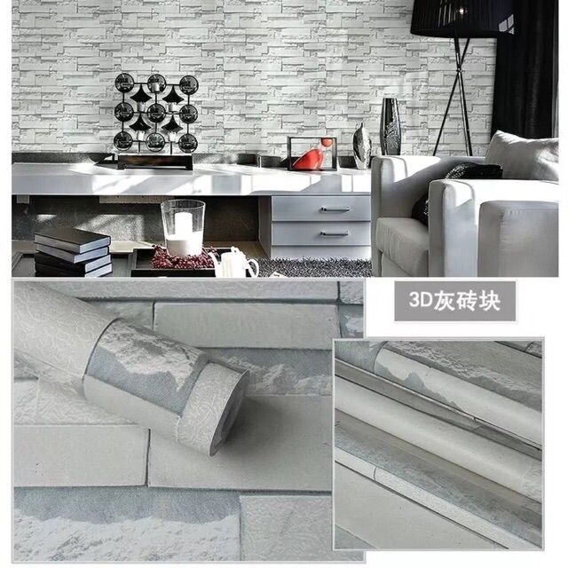 Giấy dán tường GIẢ ĐÁ TRẮNG 3D khổ 45cm có keo sẵn