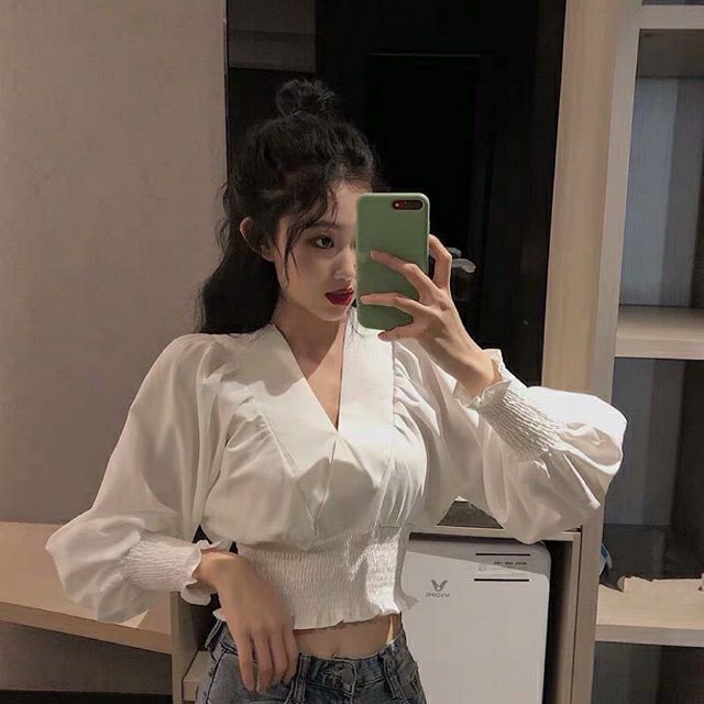 Style nữ đẹp# áo sơ mi croptop bo eo,áo sơ mi croptop tay dài bo form 50kg thời trang nữ