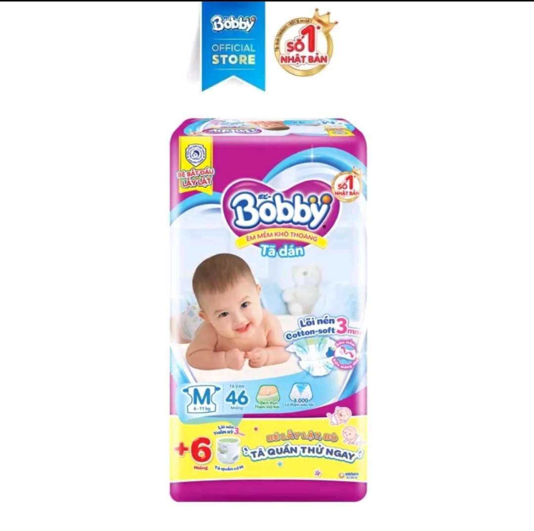 Tã dán Bobby size M 46 miếng hoặc M 76 miếng (6 - 11 kg), L 68 miếng (9-14kg)