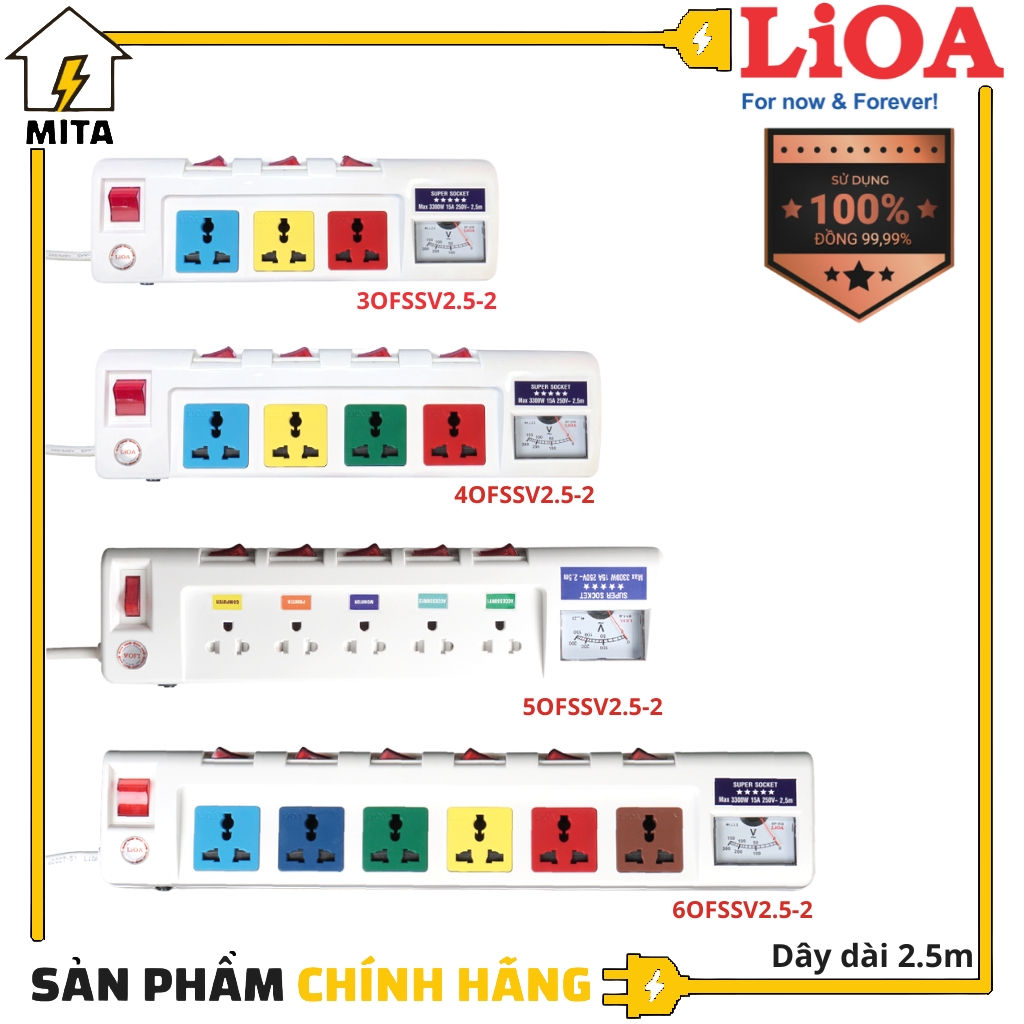 Ổ cắm điện công suất lớn LiOA có đồng hồ Vol - 3 lỗ, 4 lỗ, 5 lỗ, 6 lỗ dây dài 2.5m 2 lõi