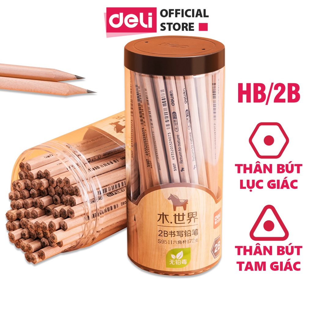 Bút chì lục giác thân gỗ Deli chuyên vẽ phác thảo, vẽ mỹ thuật cho học sinh - loại HB/2B - Hộp 30 chiếc - S941 / S943