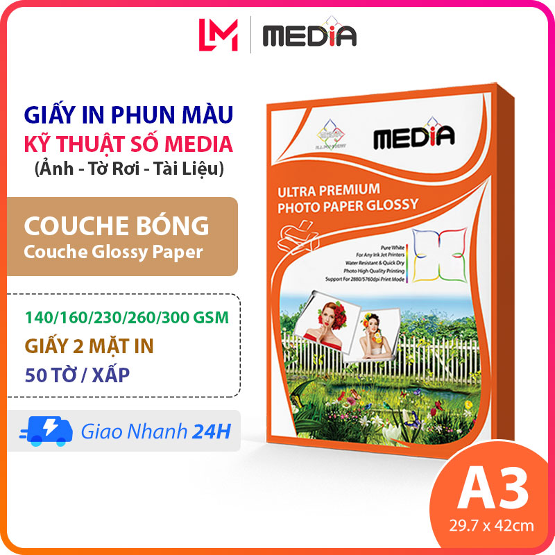 Giấy In Màu Media A3 Couche Bóng 2 Mặt In 140/160/230/260/300gsm 50 Tờ, Giấy Ảnh Couche Glossy Paper 30x42, Giấy In Phun Màu A3