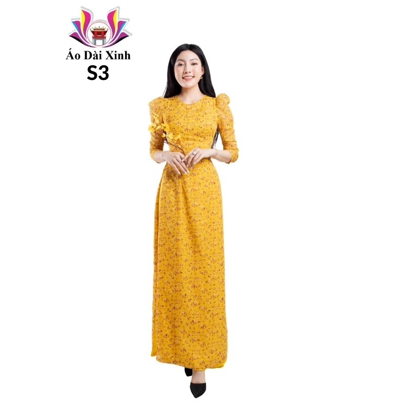 Bộ áo dài truyền thống voan tơ cổ tròn tay bồng 4 tà.