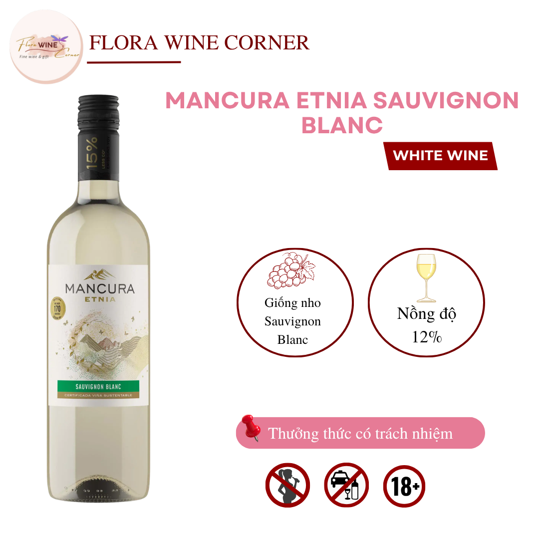 Rượu vang trắng Chile Mancura Etnia sauvignon Blanc – Nồng độ 12% Alc, 750ml - Nhập khẩu Chính Hãng