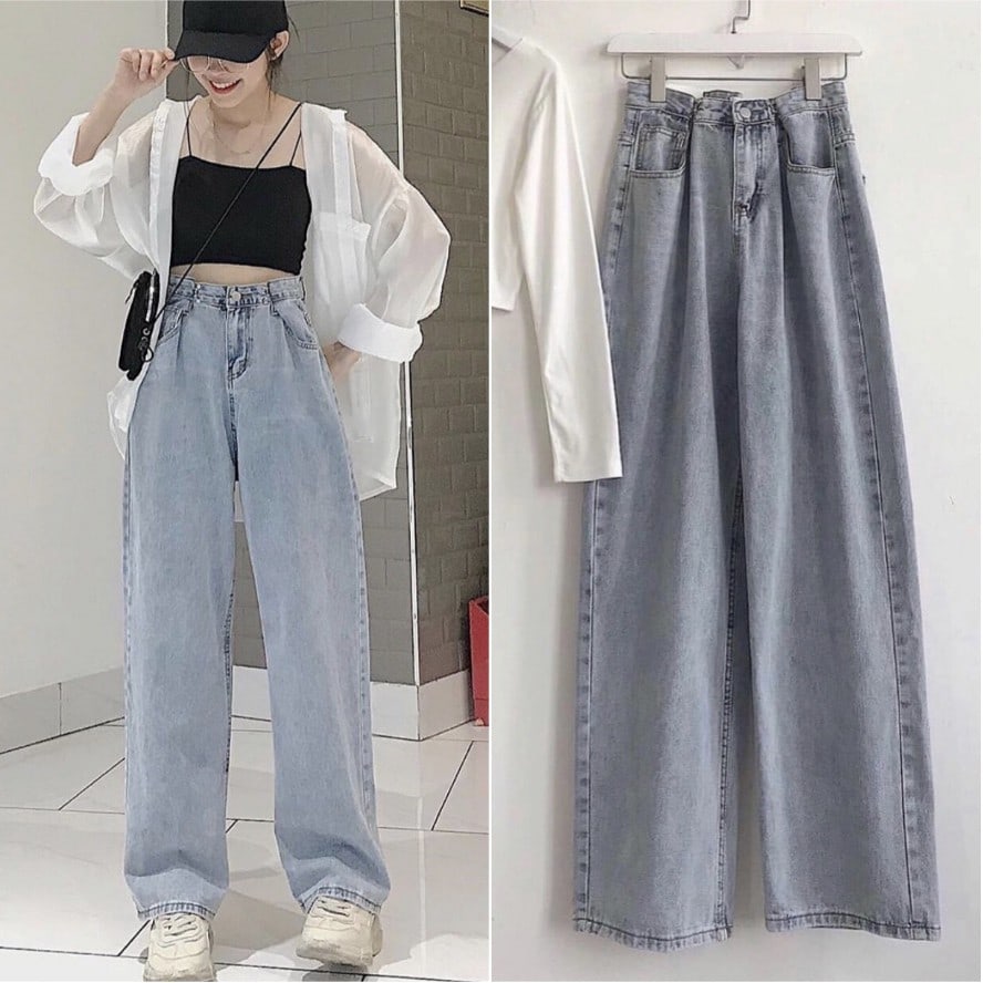Quần jean ống rộng eo kiểu unisex - phong cách hàn quốc