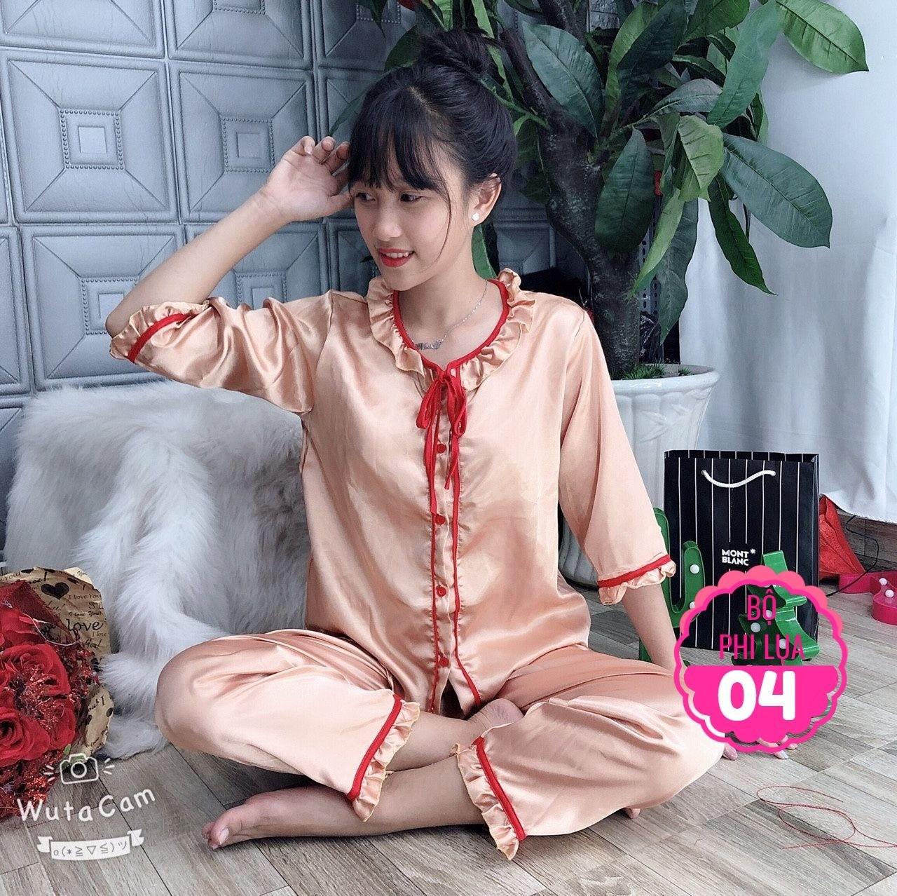Đồ bộ phi lụa viền bèo quần dài tay lỡ size dưới 60kg