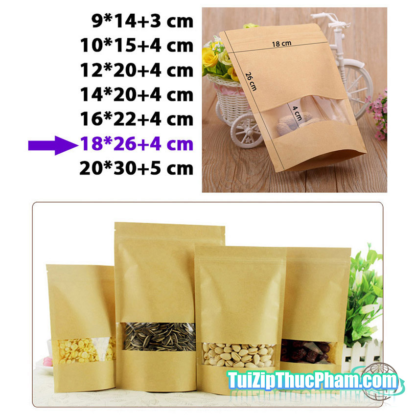 100 cái túi zipper size 18x26cm đựng 500g bột mịn, túi zip giấy kraft vàng có cửa sổ, túi zipper đựng thực phẩm