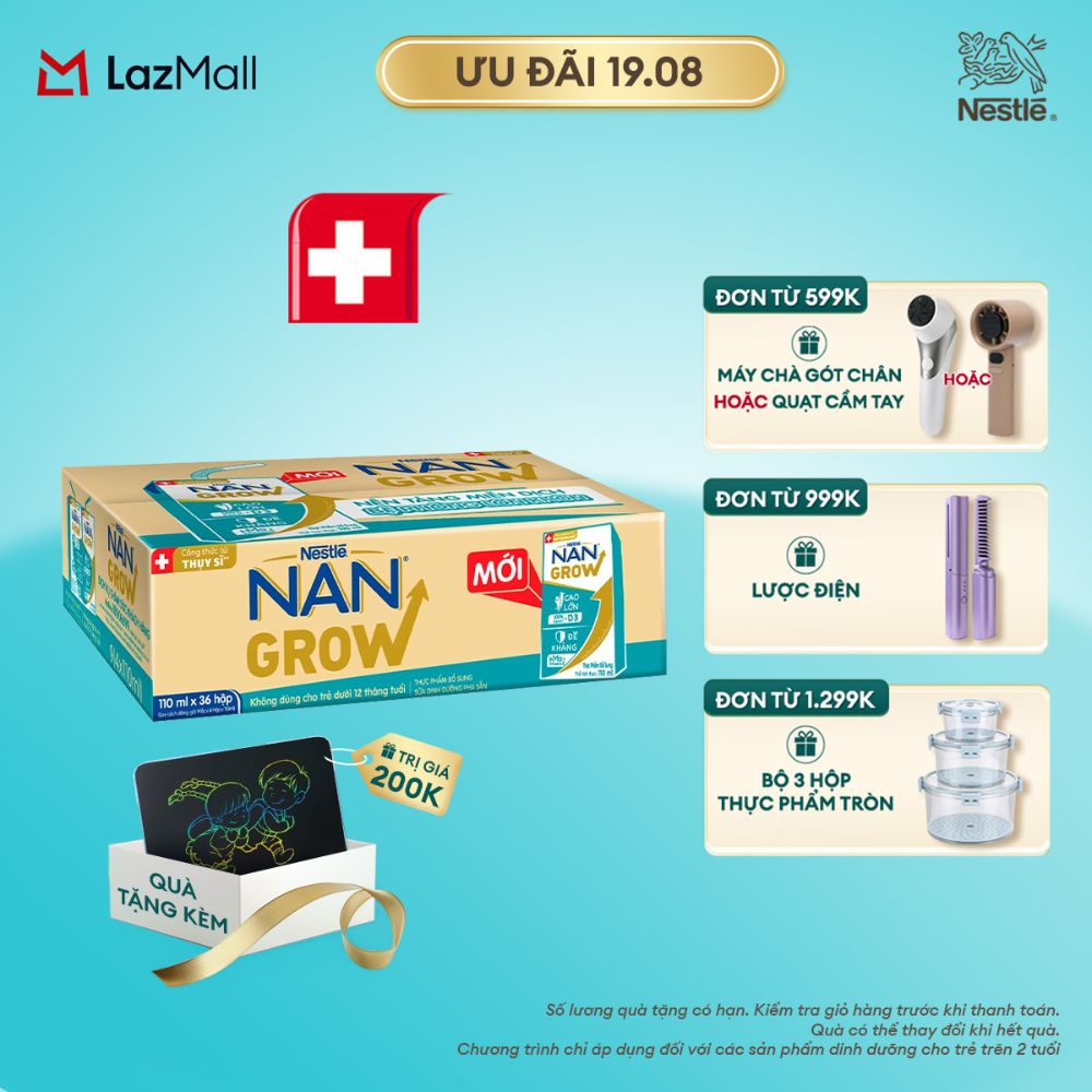 [Tặng Bảng viết LCD Kalpen] Sữa Pha Sẵn Nestlé NANGROW Cho Trẻ Từ 1 Tuổi, Công Thức Thụy Sĩ Giúp Bé Cao Lớn Vượt Trội, Thùng (36 Hộp x 110ml)