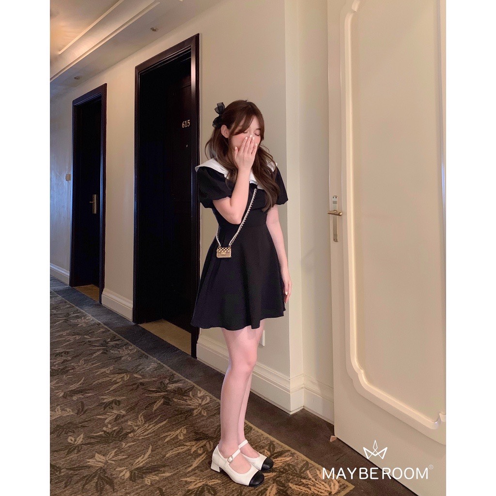 Đầm đen cổ trắng 2 tầng cách điệu dáng chiết eo xòe A Lucy Dress Mayberoom