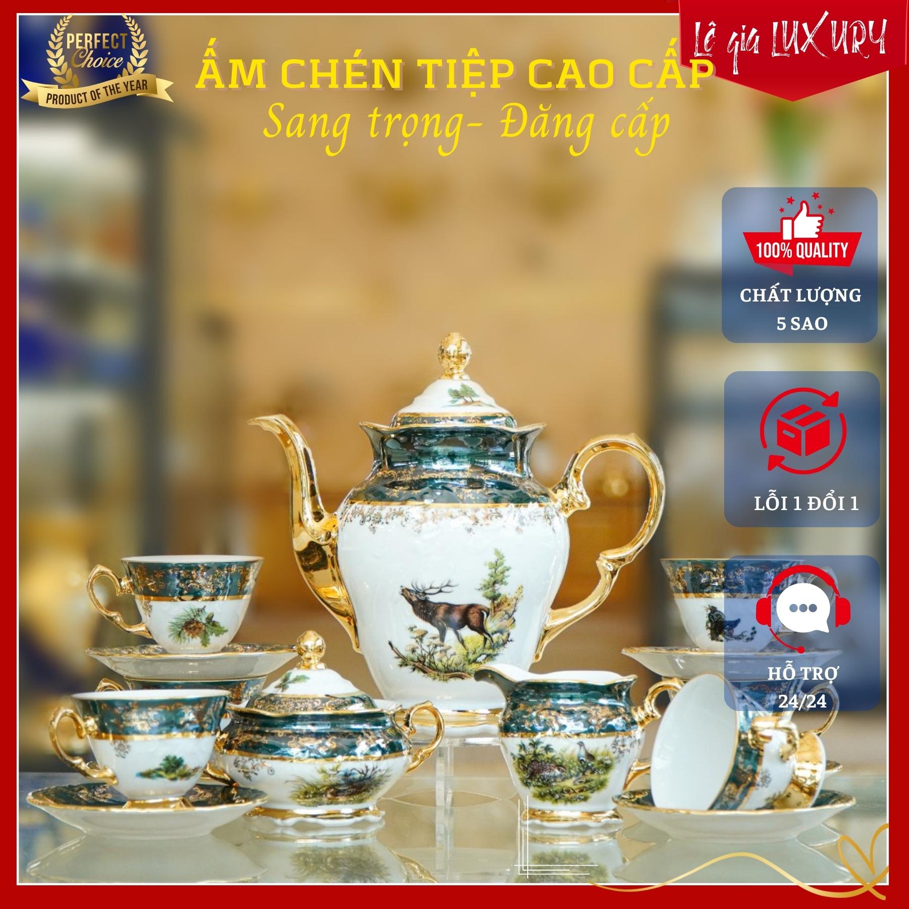 Bộ ấm chén trà cao cấp tân cổ điển sang trọng, gốm sứ tiệp khắc, ấm chén cao cấp mạ vàng 24k actn2, bộ ấm chén châu âu