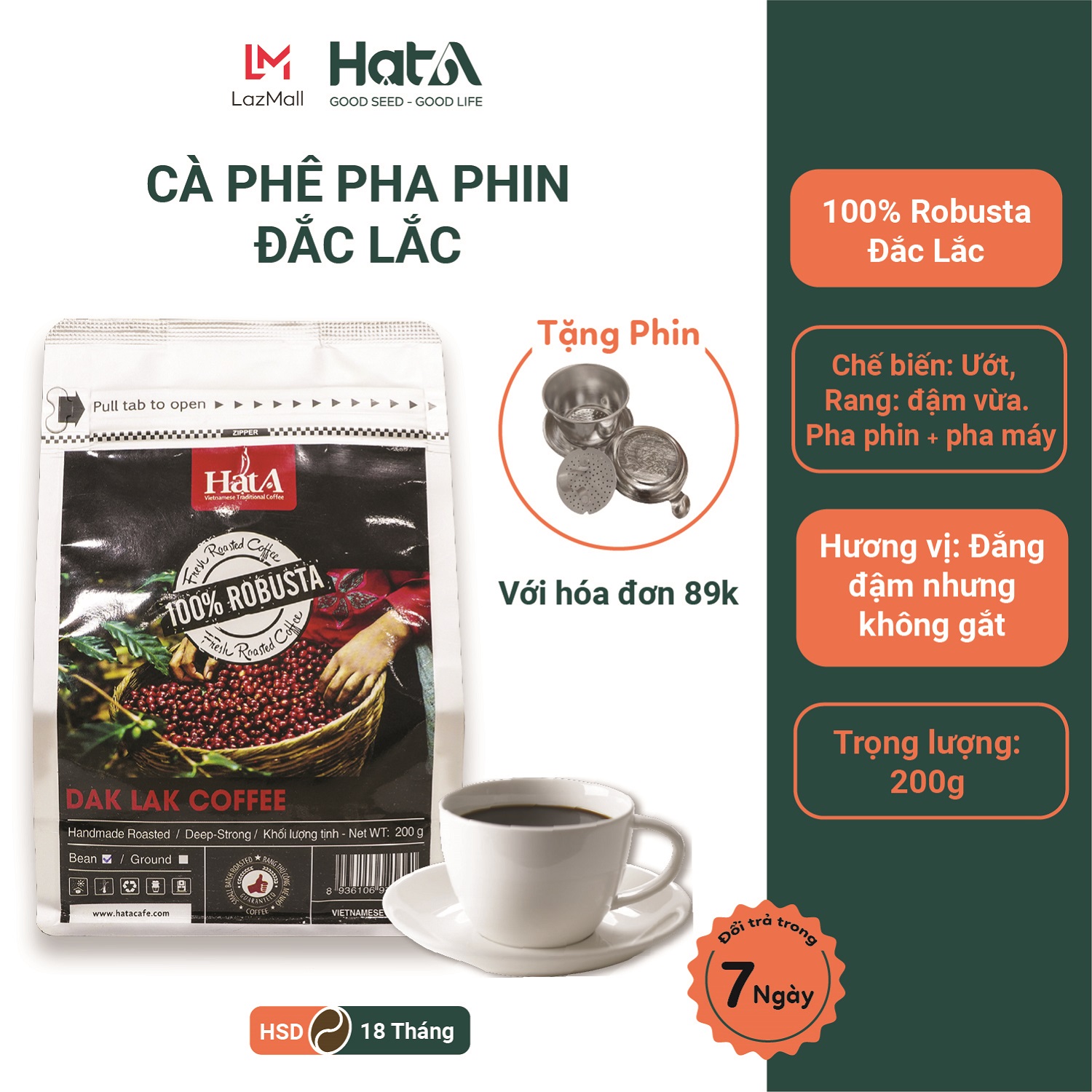 Cà Phê Rang Xay Robusta Nguyên Chất 100% Hạt A Cafe Dak Lak Coffee - Cà Phê Pha Phin Không Tẩm Ướp Không Hương Liệu Chuẩn Vị Đậm Đắng Robusta - Dạng Bột 200g - Giới hạn 5 sản phẩm/khách hàng