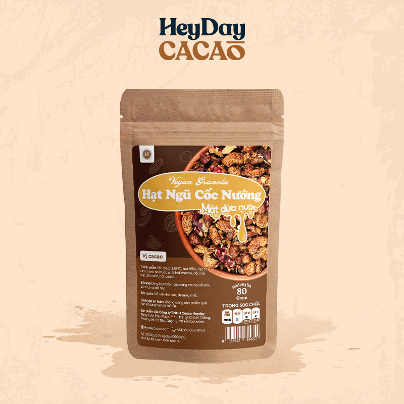 Granola nướng mật dừa giòn tan, 8 loại hạt ngũ cốc giảm cân, 0 trái cây sấy, GI thấp - Túi 80g - Heyday Cacao