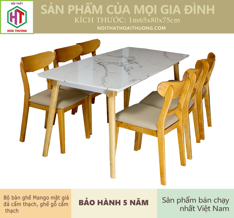 Bô bàn ghế phòng ăn 1.65 m 6 ghế gỗ ht06216dg6g mặt bàn gỉa đá cẩm thạch ghế màu gỗ tự nhiên