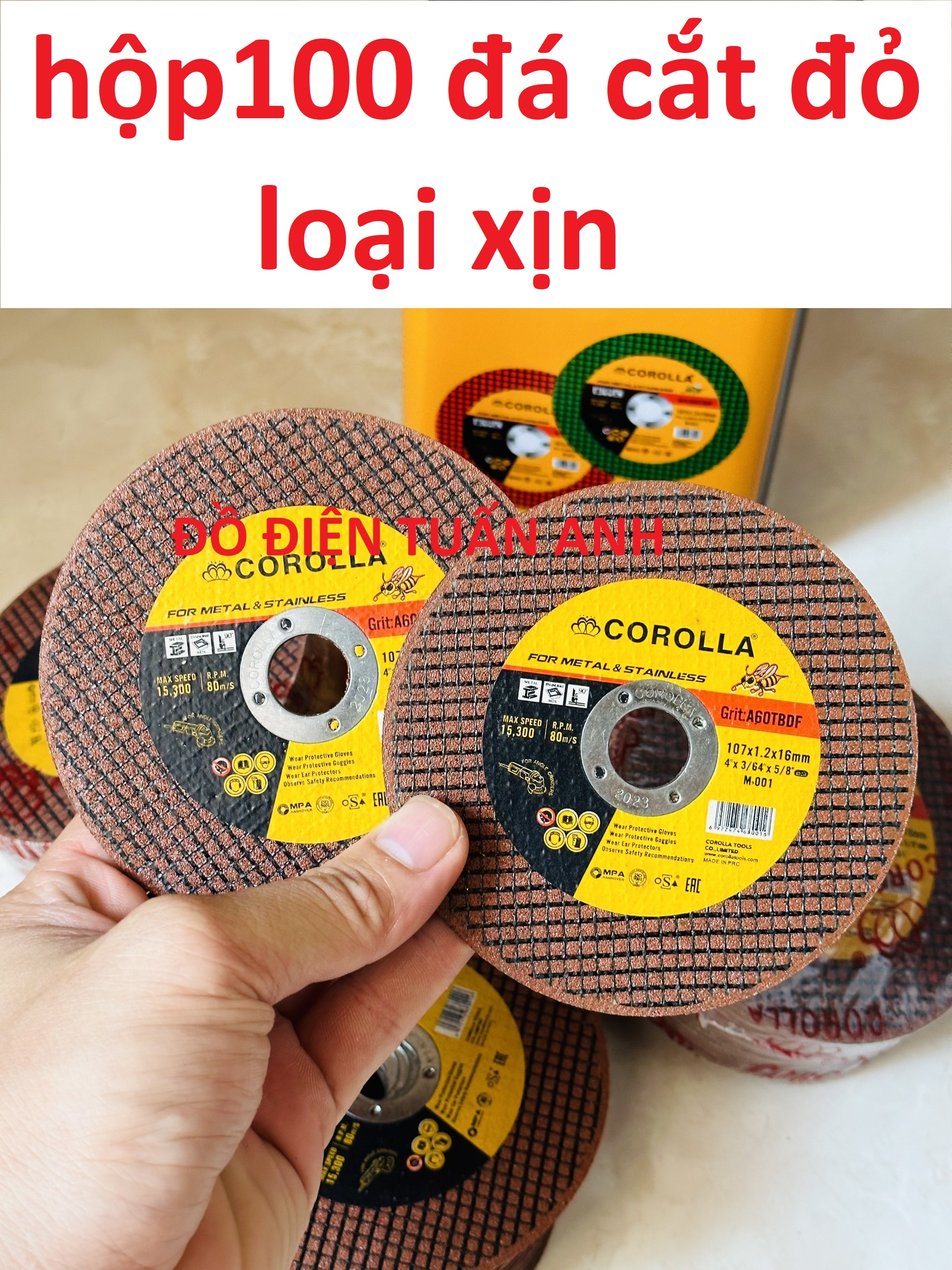 Đá cắt sắt, inox màu đỏ loại xịn phi 100 hộp 100 viên đá cắt sắt đá cắt inox đá cắt