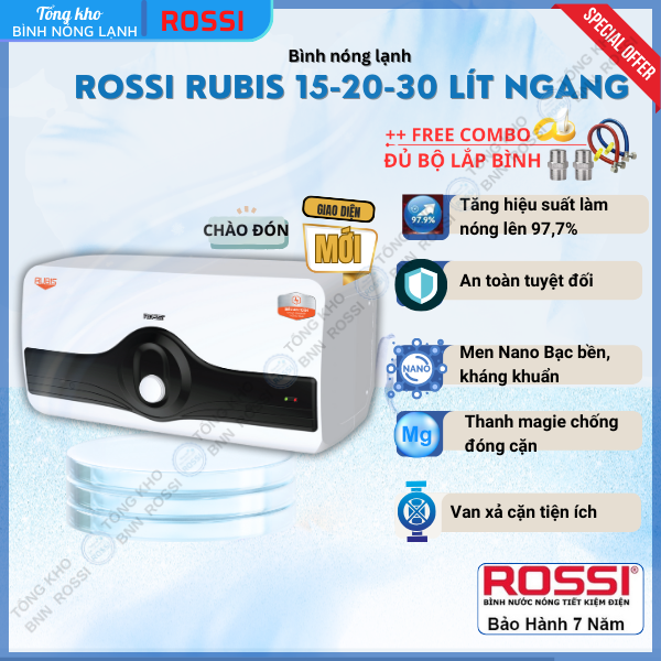 Bình nóng lạnh gián tiếp Rossi RUBIS 15-20-30 LÍT NGANG - RR15-20-30 SL, bảo hành 07 năm toàn quốc