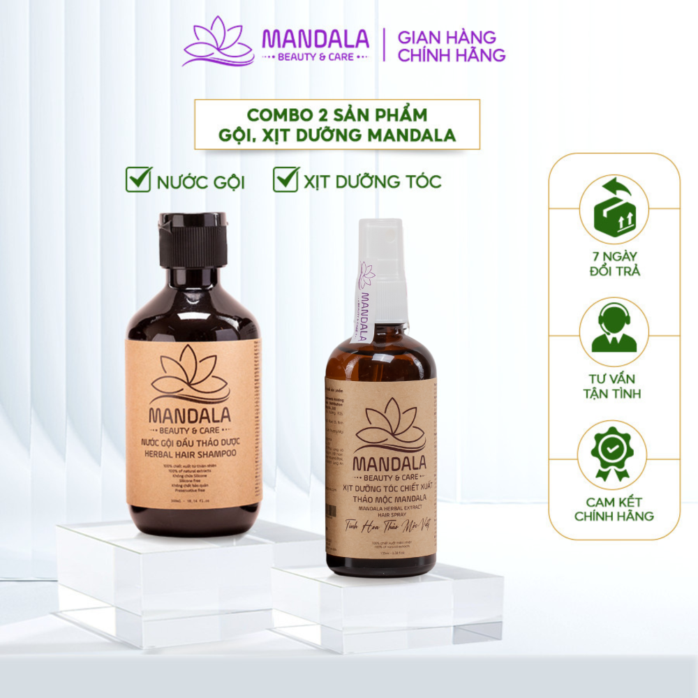 Nước gội thảo dược Mandala 300ml, Xịt dưỡng tóc chiết xuất thảo mộc 100ml