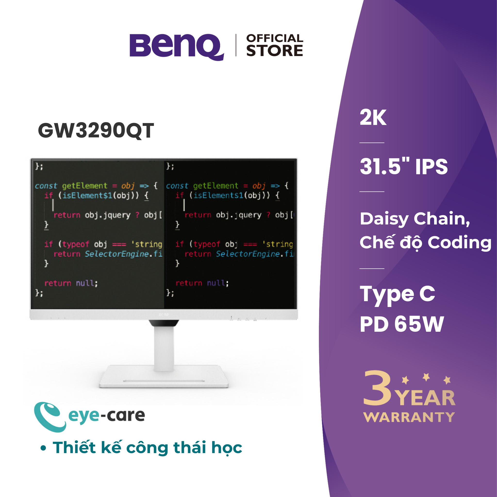 Màn hình máy tính BenQ GW3290QT _ bảo vệ mắt công thái học 31.5 inch 2K QHD USB-C phù hợp làm việc văn phòng và giải trí
