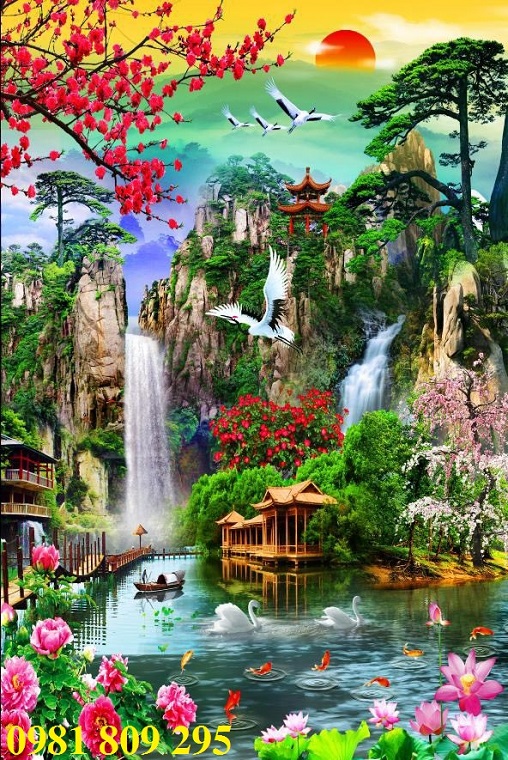 Mẫu tranh 3d phong cảnh - Gạch tranh 3d thác nước khổ dọc