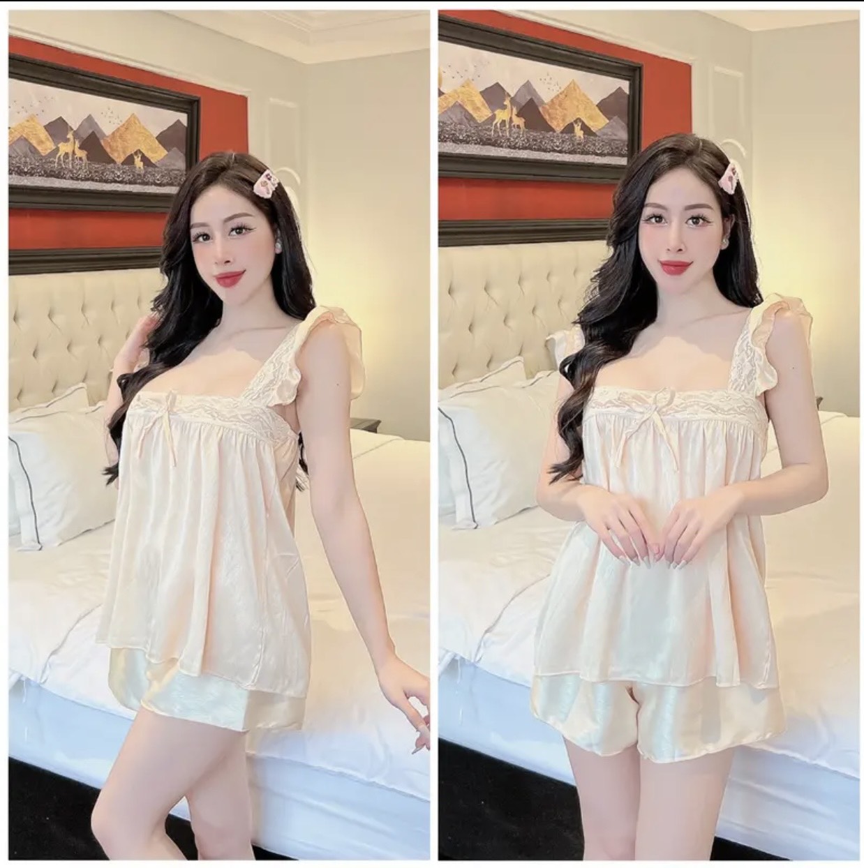 Free SIZE 4558kg SET BỘ CỔ VUÔNG PHI BÓNG PHỐI REN MỀM MỊN SEXY