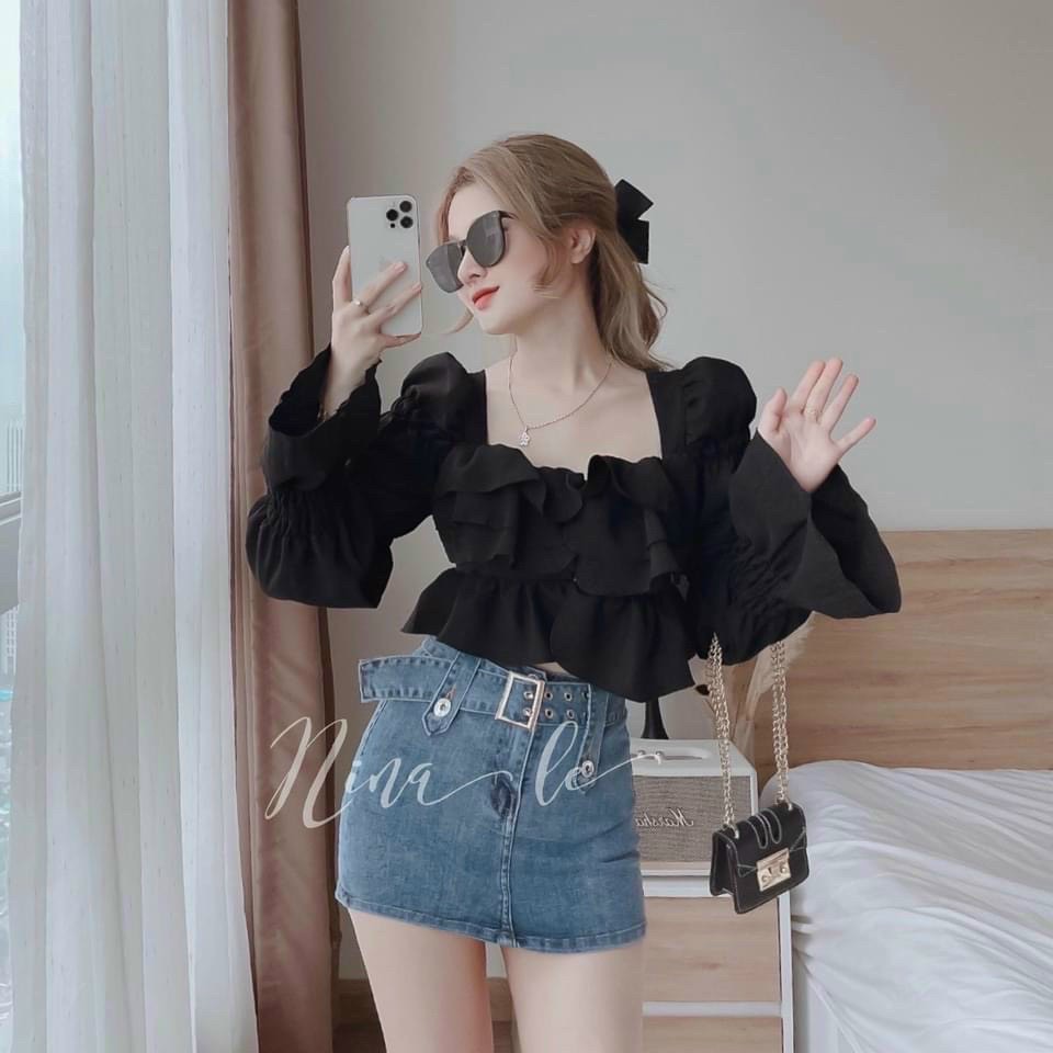 Áo kiểu nữ đũi xốp bèo tầng mẫu mới siêu xinh.