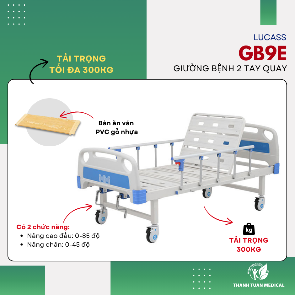 Giường y tế 2 Tay Quay giá rẻ cho mọi nhà Lucass GB-C2 (GB-9E) Tặng bàn ăn, cây truyền dịch, BH Chính hãng 1 năm