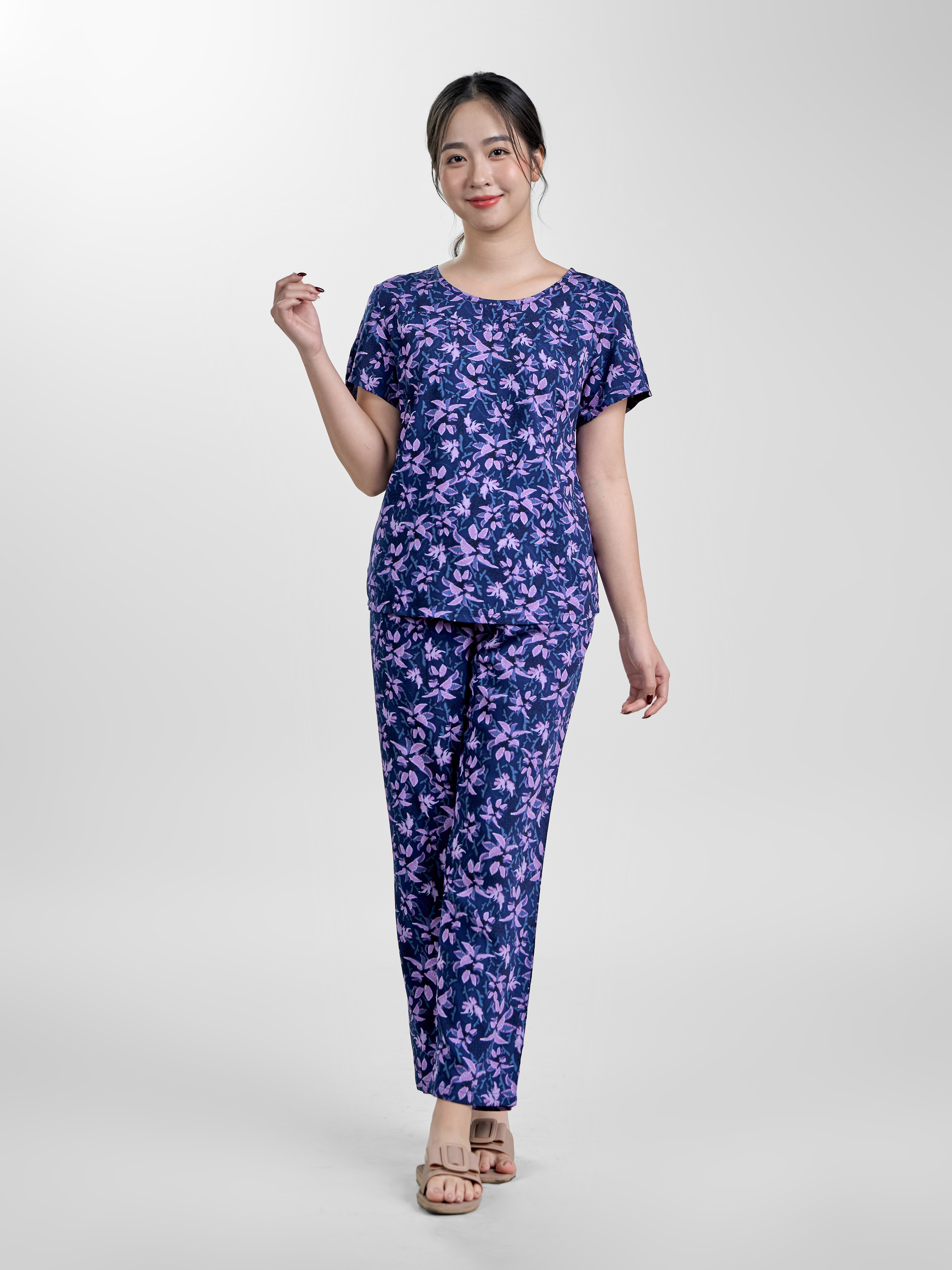 Bộ mặc nhà winny tay cộc quần dài chất lanh mát mùa hè - 2mnla24011d