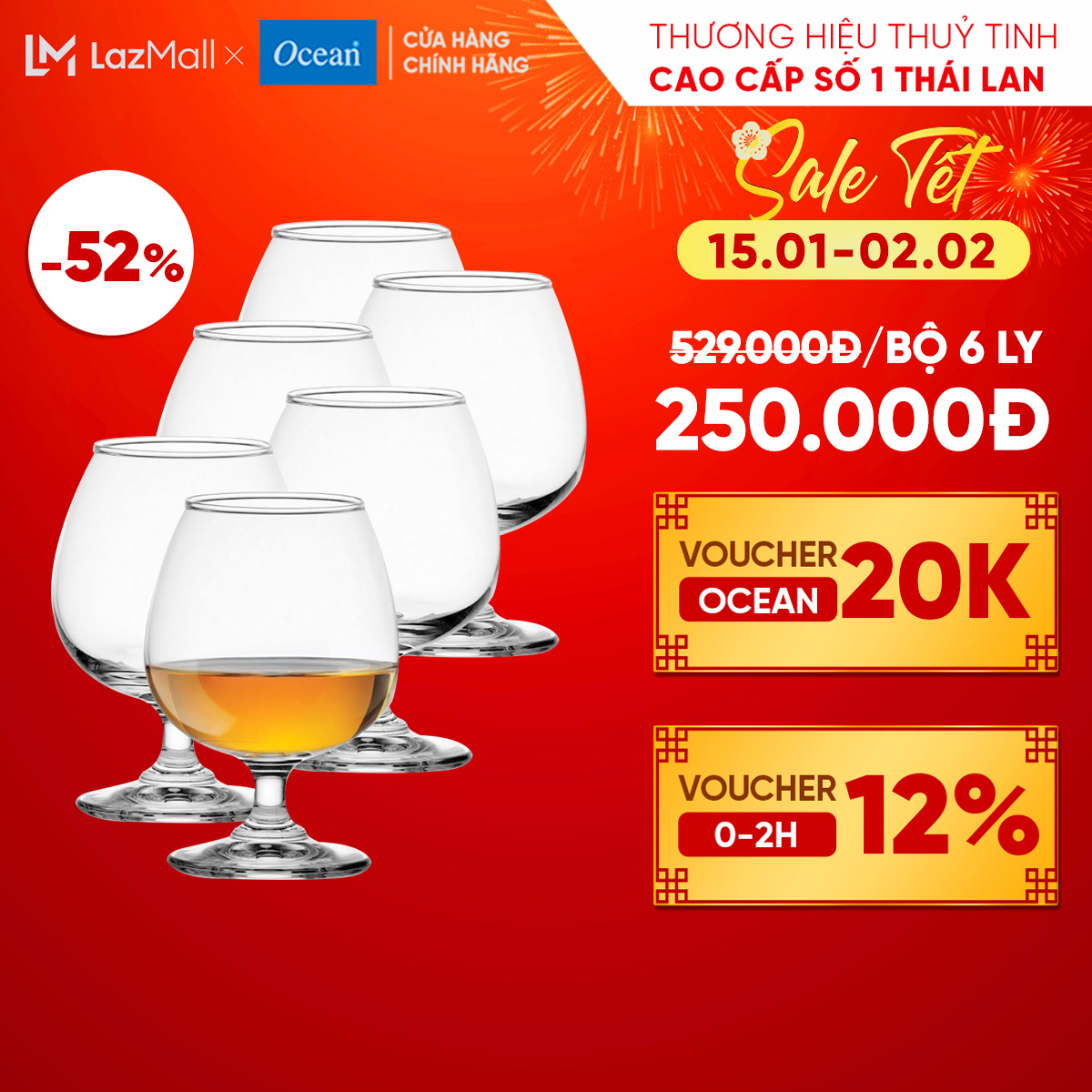 [Cam Kết Đổi Trả Nếu Vỡ] Bộ 6 Ly/Cốc Rượu Thủy Tinh - Ocean Classic Brandy 255ml - Chính Hãng