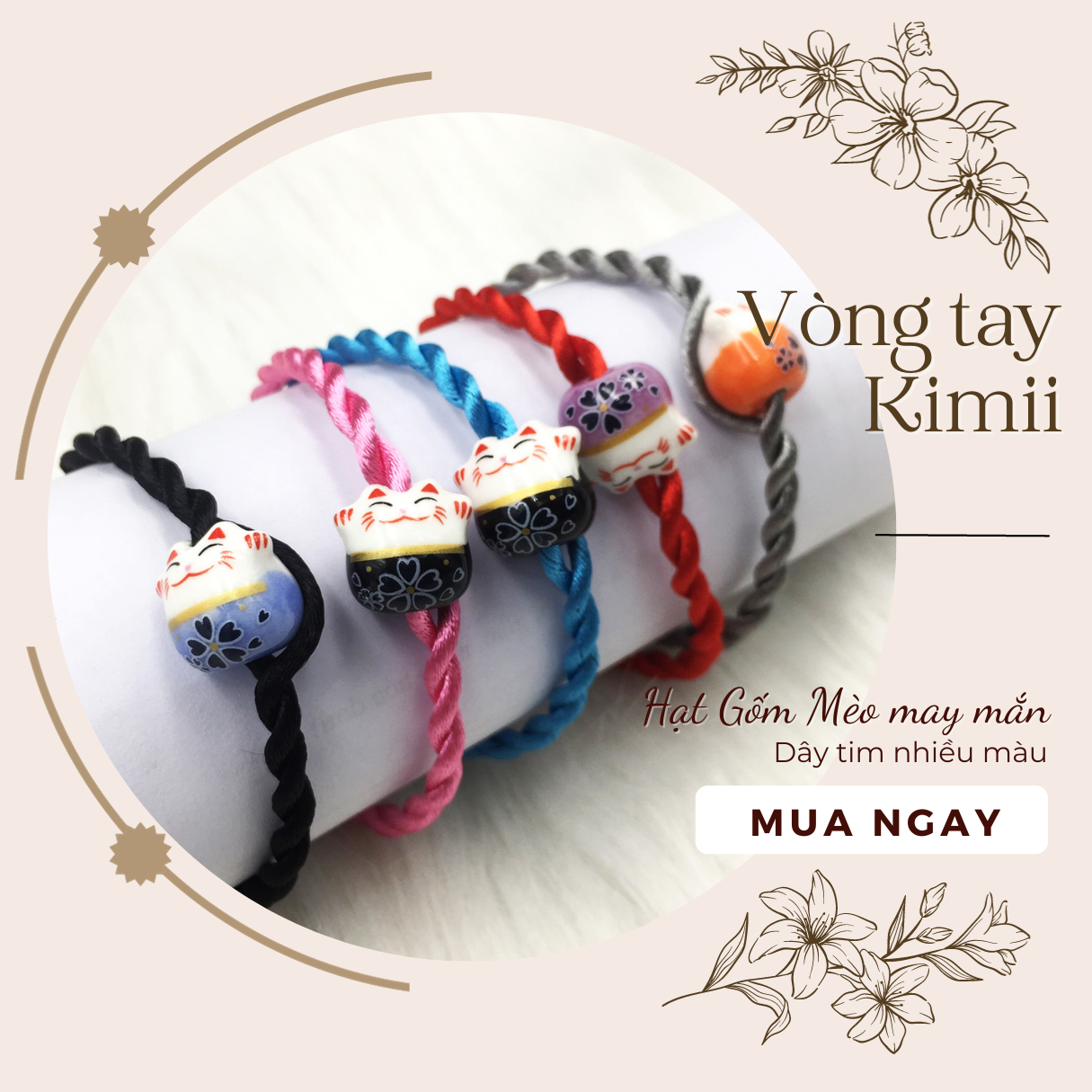 Vòng tay dây đỏ đính hạt gốm Mèo may mắn, charm Vương miện, đính đá tuyết nhiều mẫu Vòng tay Kimii