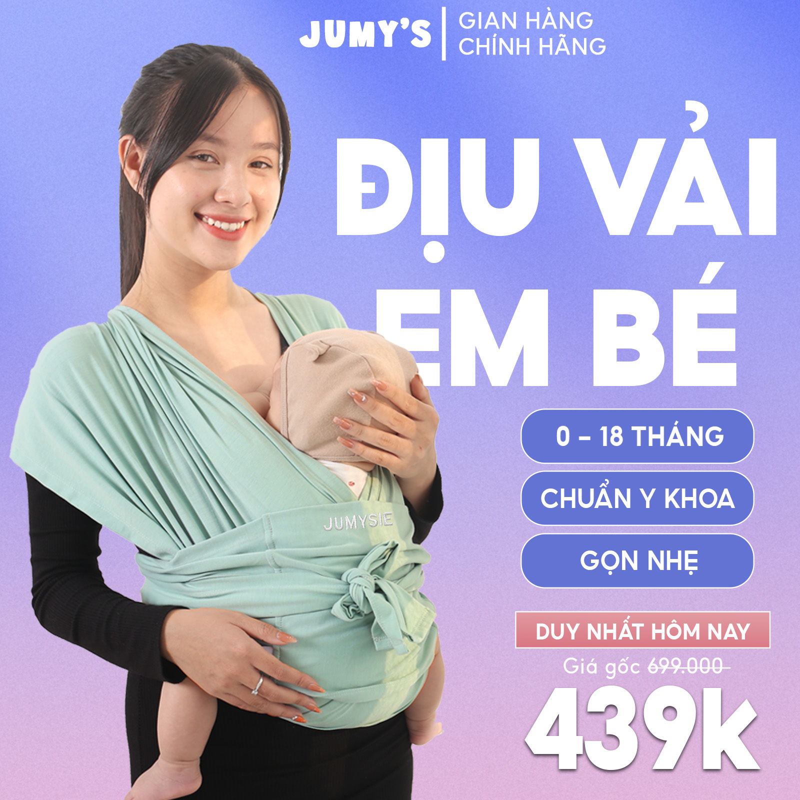 Địu em bé sơ sinh Jumys địu vải sling chống gù cho bé dễ tập pp ngủ easy gọn nhẹ vải cotton mềm mịn thoáng khí cho bé - Màu Xanh Mint