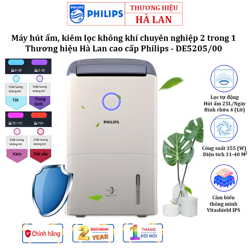 Máy Hút Ẩm - Lọc Không Khí Philips DE5205/00 Hà Lan Cao Cấp 2 Trong 1, Công Suất 355W, Hiển Thị Chất Lượng Không Khí 4 Màu - Bảo hành 12 tháng