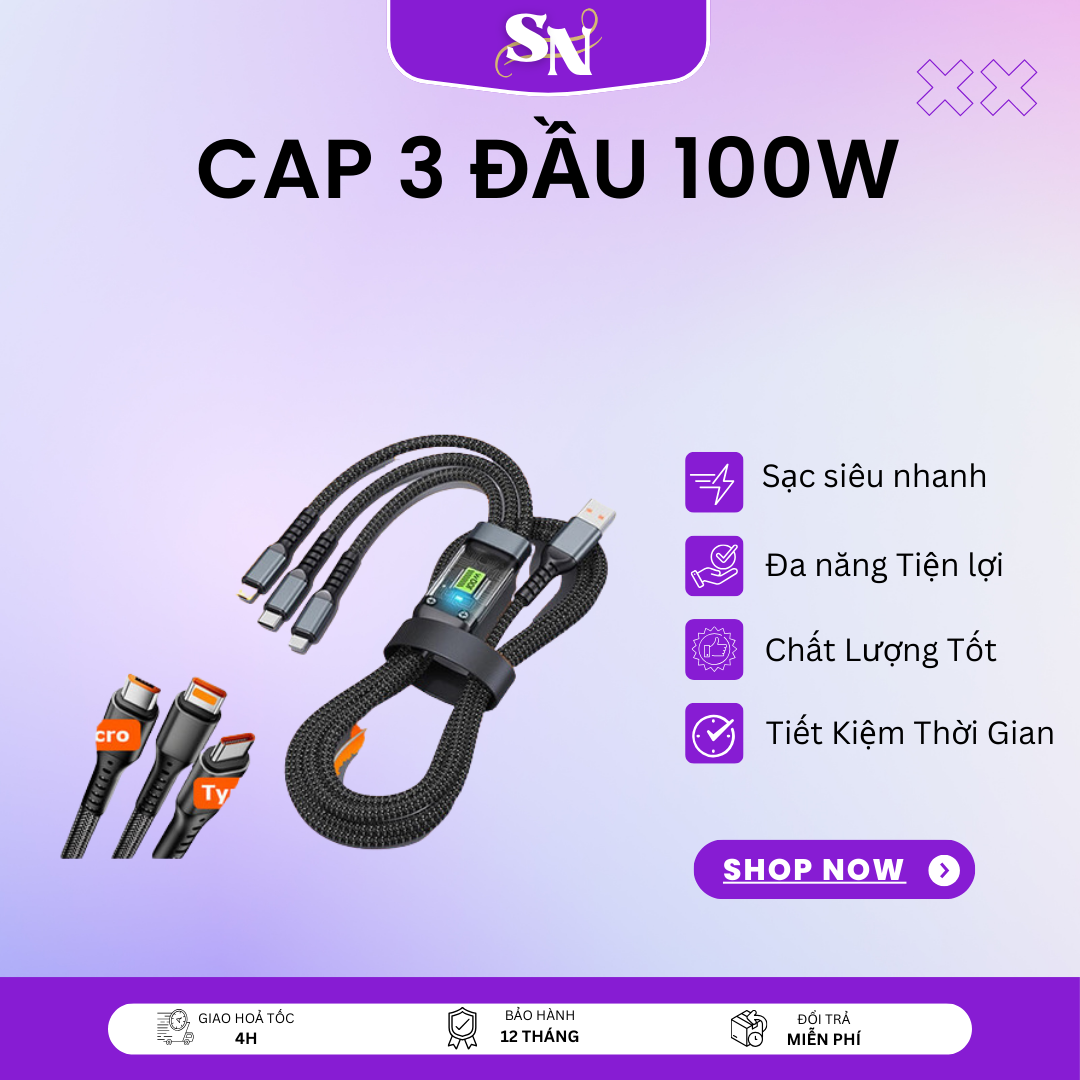 Cáp Sạc nhanh 3 đầu 100W Dây Cáp Sạc Nhanh 3 Đầu 100W Dài 1m2 Dây Sạc Tự Ngắt 3 Đầu 100W Micro USB Type C 3 trong 1 - Cáp Sạc nhanh bọc dù