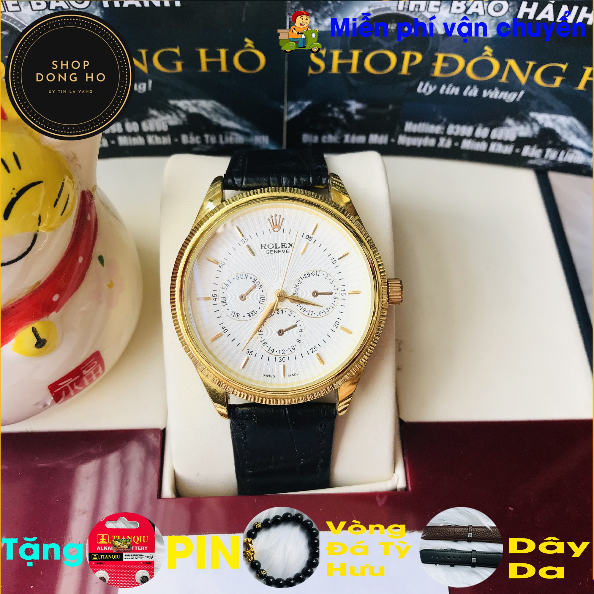 ĐỒNG HỒ NAM SANG TRỌNG VÀ CAO CẤP, DÂY DA BÒ DẬP VÂN CÁ SẤU, VIỀN VÀNG MÀU GOLD LỊCH NGÀY BẢO HÀNH 12 THÁNG, TẶNG VÒNG ĐÁ TỲ HƯU PHONG THỦY, DÂY DA, 02 VIÊN PIN AG4