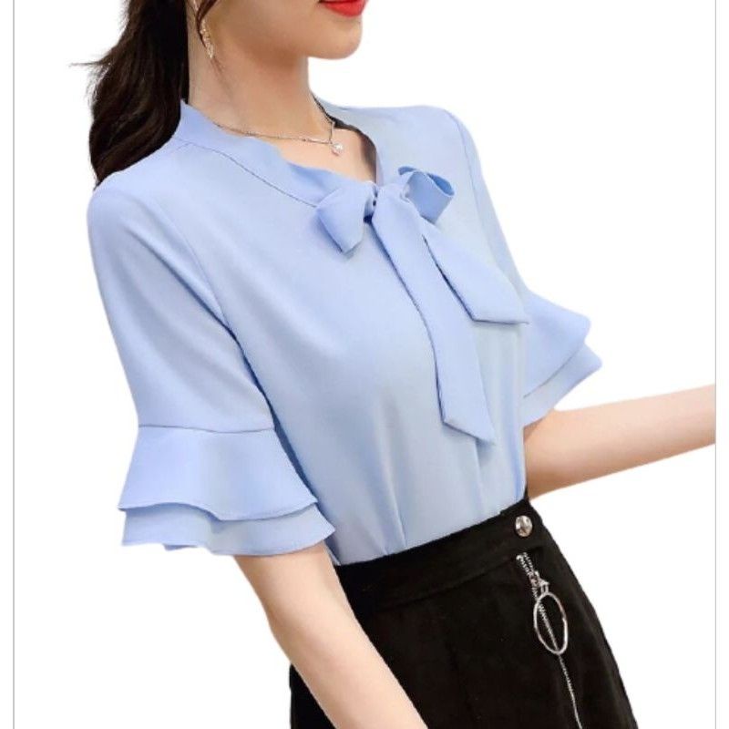 ZERASY - Áo voan tay bèo cổ thắt nơ dễ thương