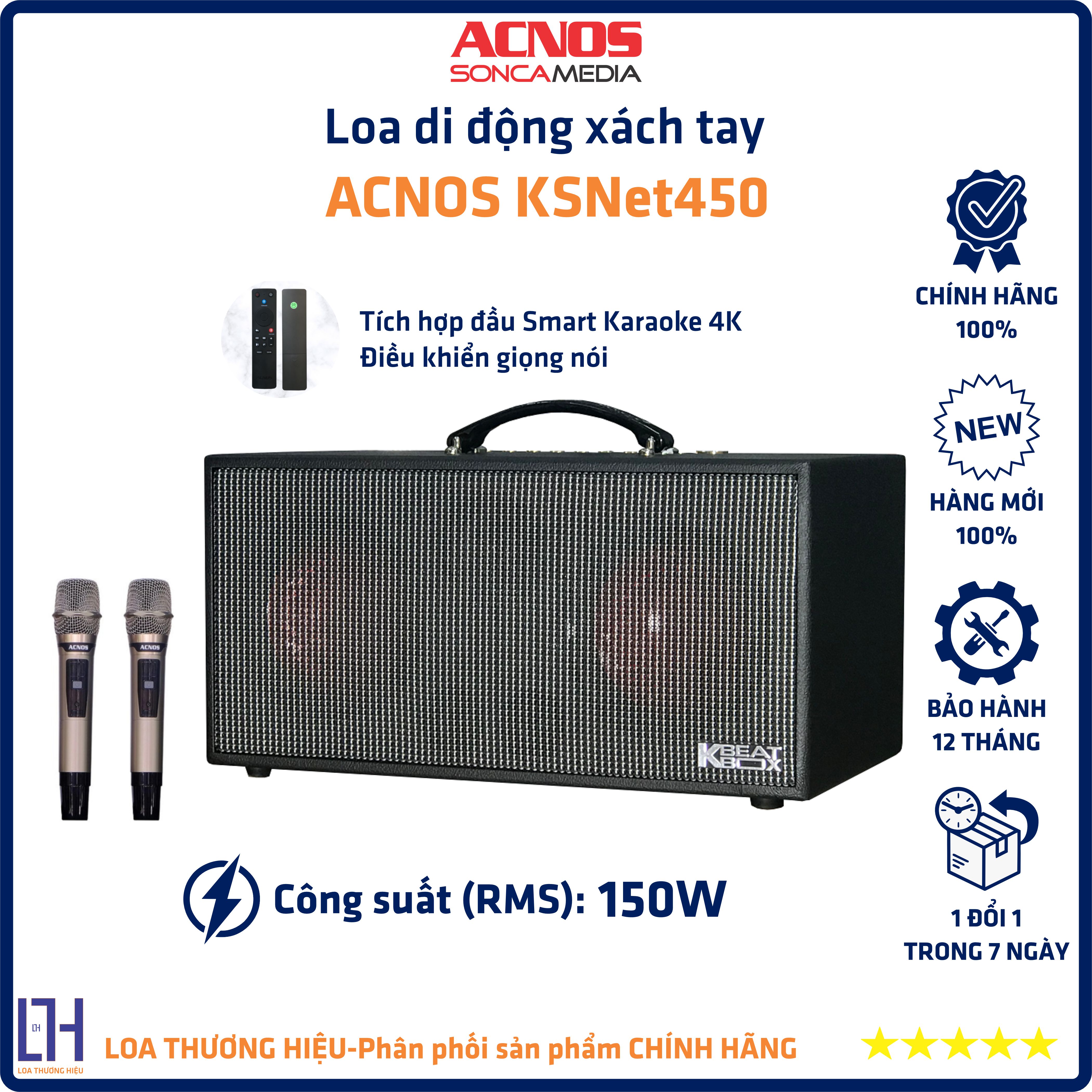 Loa karaoke di động xách tay acnos ksnet450 - 2-loa full 16cm + 3-loa tweeter, công suất rms 150w | hàng chính hãng