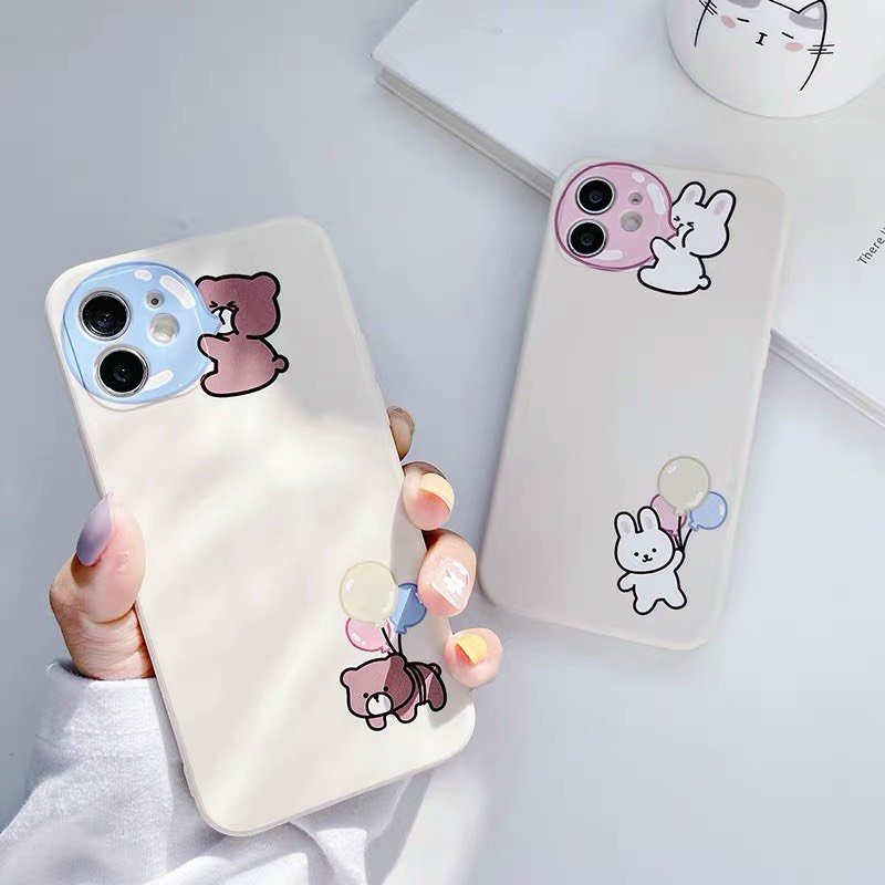 Ốp Lưng Silicon Màu Bảo Vệ CAMERA Gấu Nâu x Thỏ Trắng