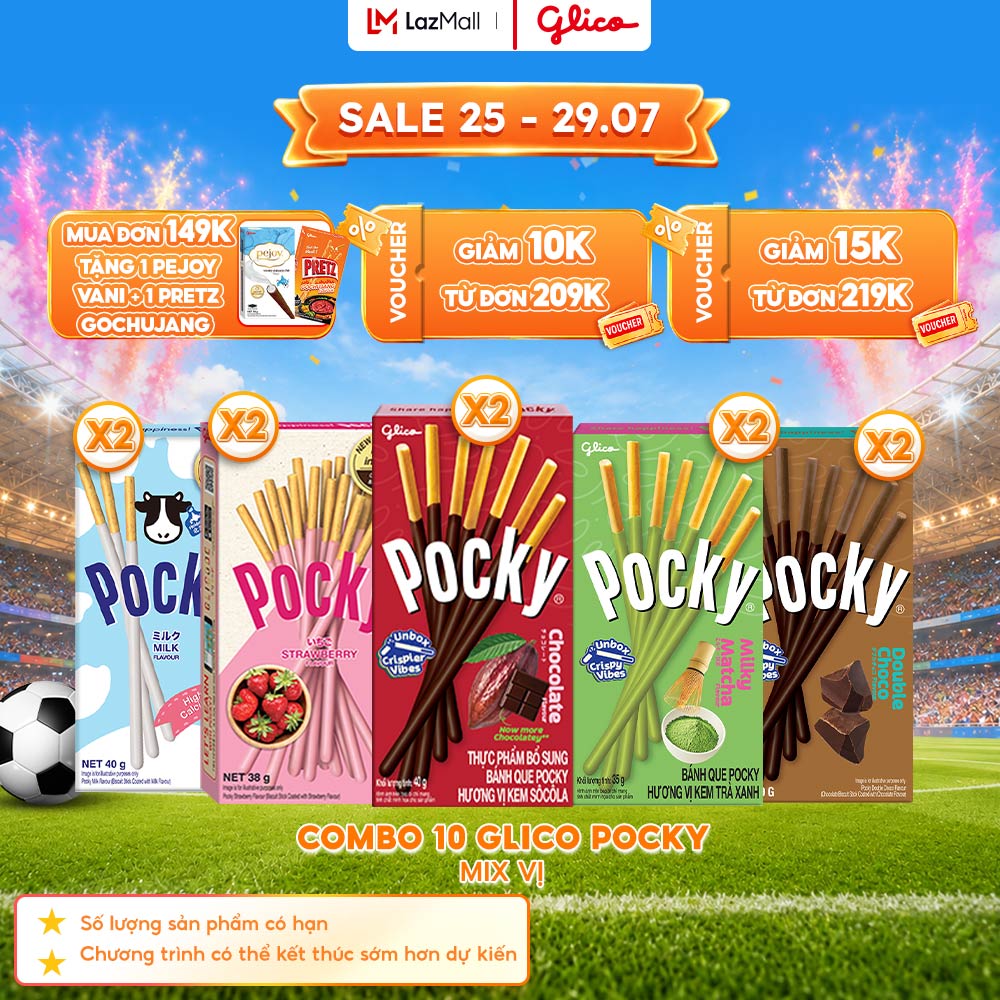 Combo 10 Hộp Bánh Que Phủ Kem Nhiều Vị Glico Pocky (00647_2 Matcha - 2 Dâu - 2 Socola - 2 Double Choco - 2 Sữa)