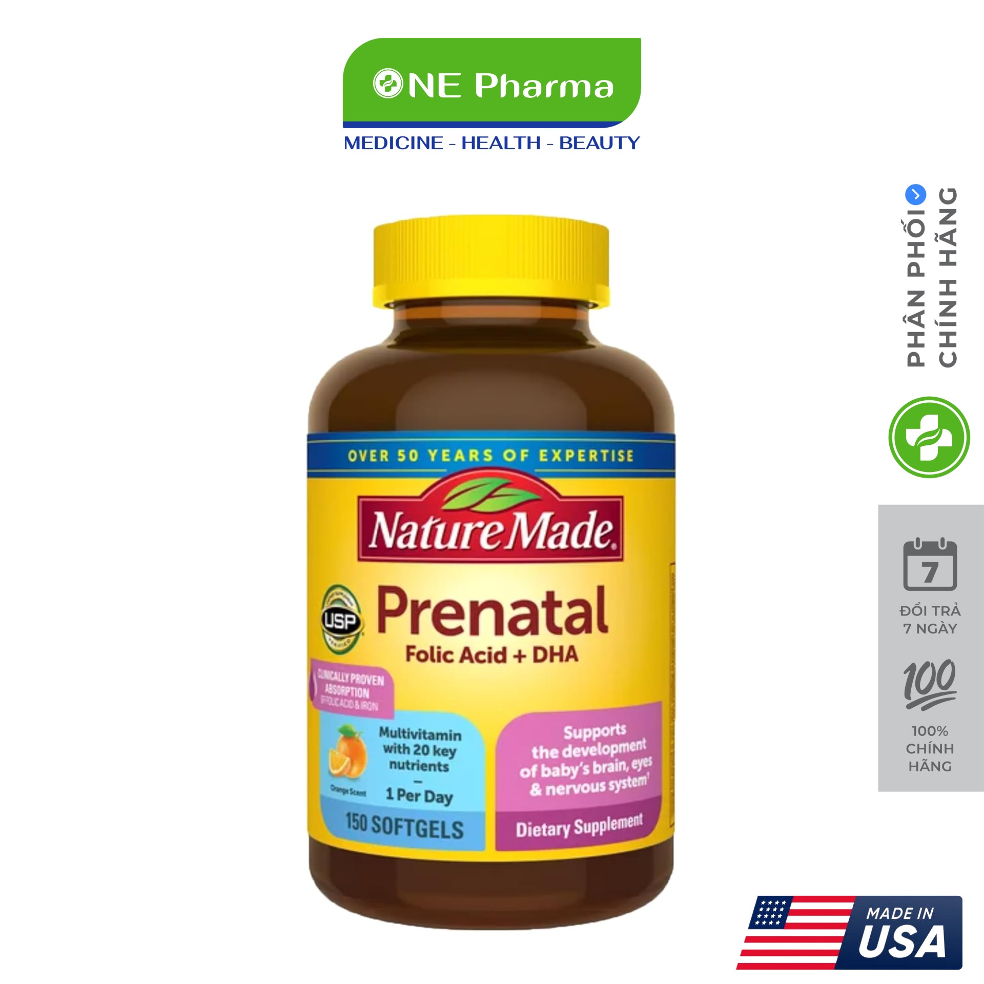 Viên Uống Nature Made Prenatal Folic Acid + DHA Vitamin Cho Bà Bầu 150 viên