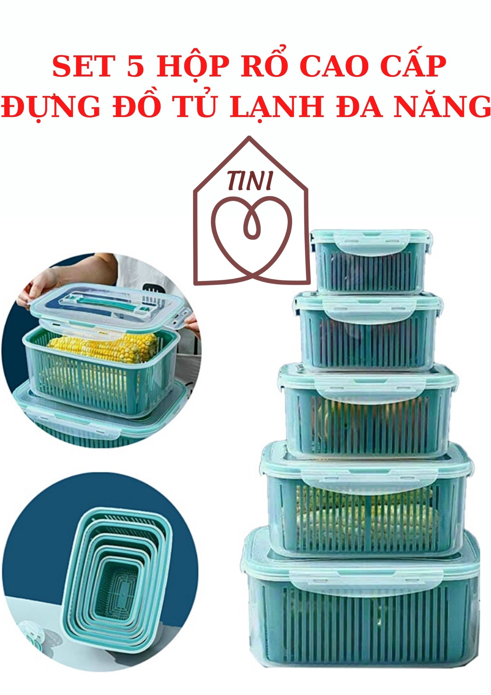 Combo 5 Hộp đựng thực phẩm đa năng có nắp đây cao cấp phong cách Nhật Bản, Bộ 5 hộp kèm rổ đựng thực phẩm 2 lớp có nắp đậy tiện lợi, Set 5 rổ kèm hộp đựng đồ, thực phẩm bảo quản tủ lạnh đa năng có nắp đậy hút chân không cao cấp, thiết kế tinh xảo, màu sắc