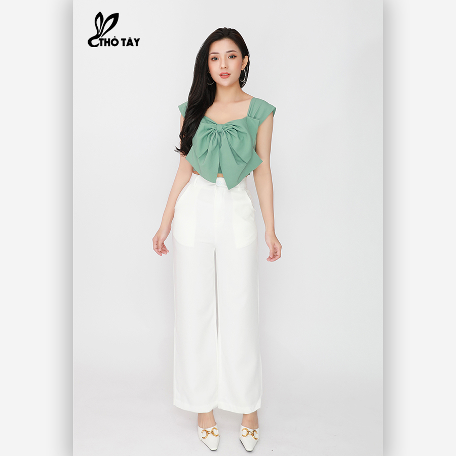 Set bộ nữ áo nơ phối quần suông - thỏ tây s325b411