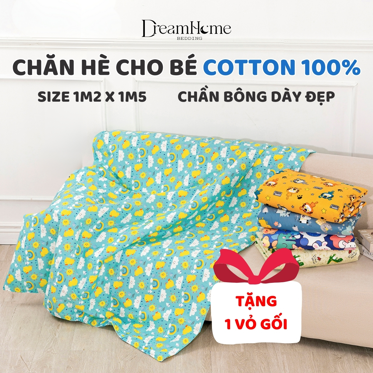 Chăn cho bé đi học trần bông 1m2x1m5, mền cho bé cotton 100% nhỏ gọn thoáng mát phù hợp trẻ em từ 2 tuổi DREAMHOME