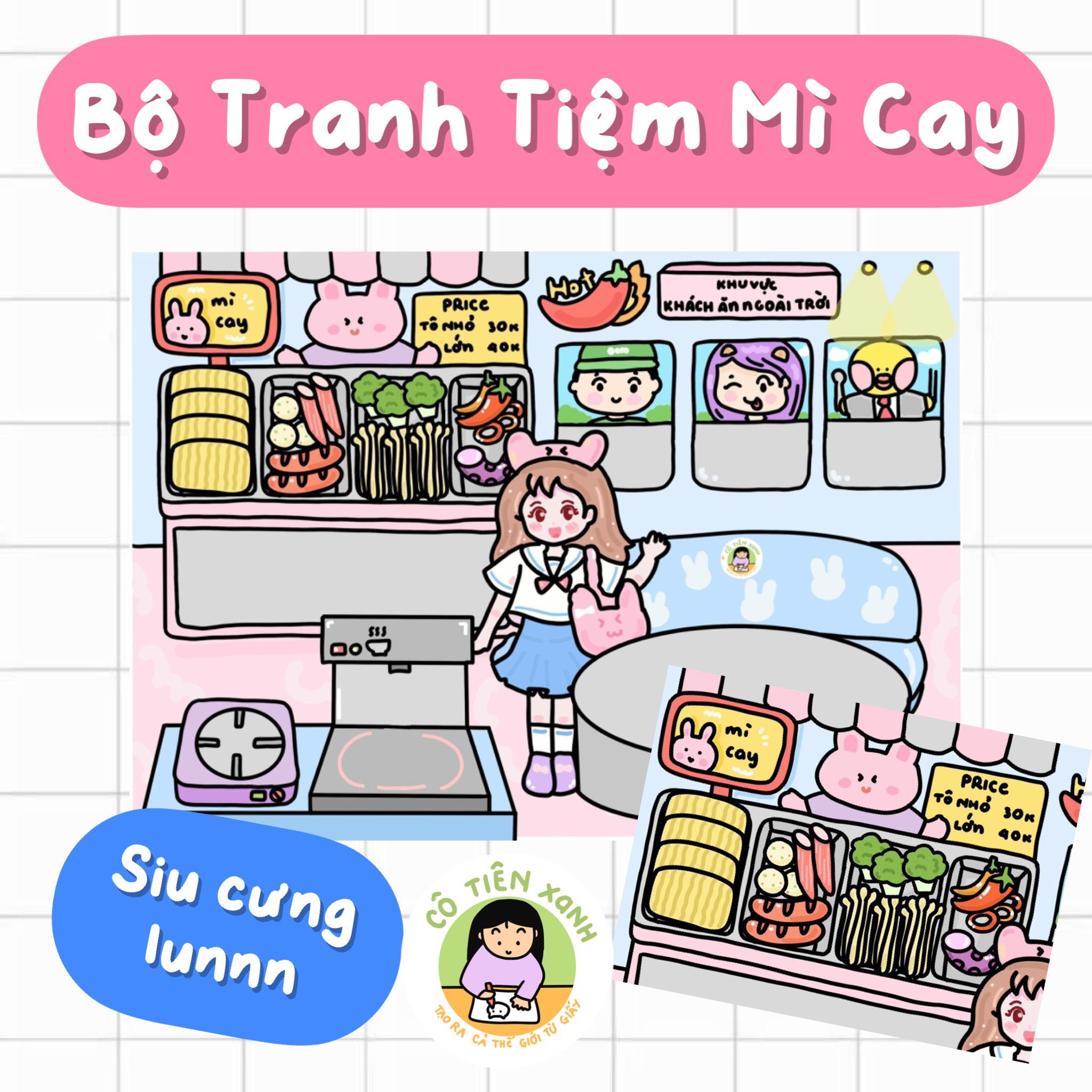 Bộ tranh tiệm mì cay cô tiên xanh đồ chơi giấy búp bê