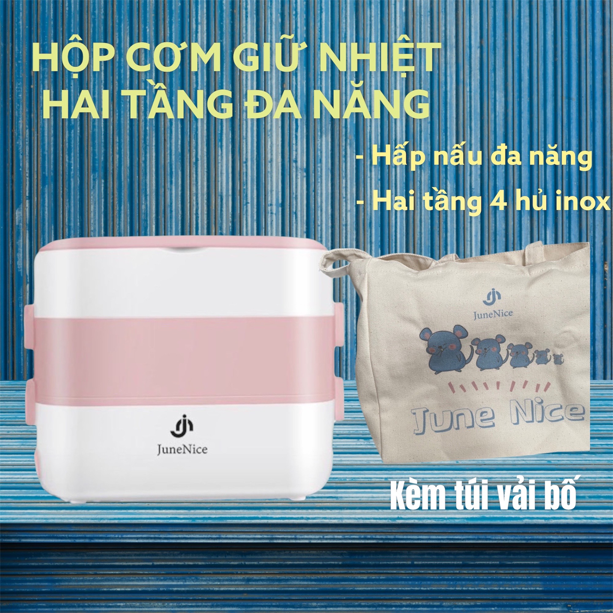 Hộp cơm giữ nhiệt bằng điện 2 tầng 4 hũ inox + túi vải bố đựng kèm, hộp cơm văn phòng, du lịch, mang theo làm nóng đơn giản, nhỏ gọn 2 quai cầm tiện lợi