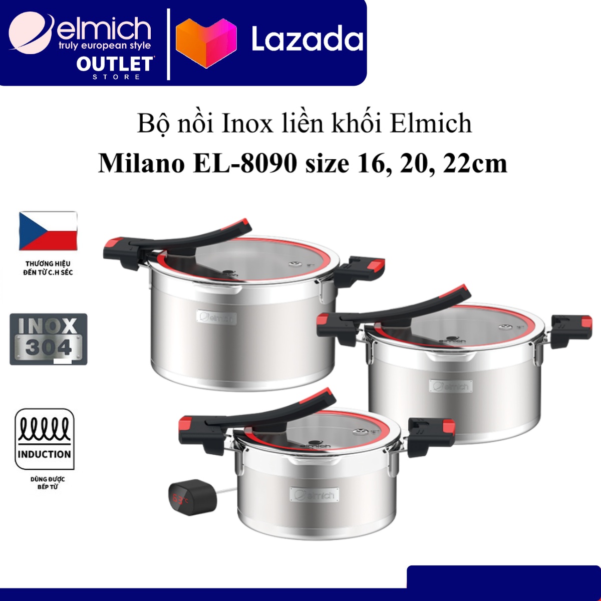 Bộ nồi Inox liền khối Elmich Milano EL-8090 size 16, 20, 22cm